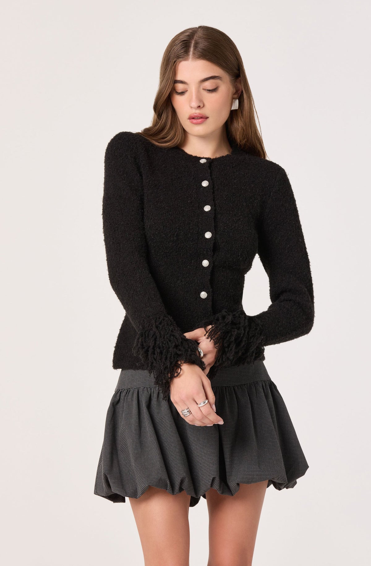 Fringe Sleeve Bouclé Knit Cardigan