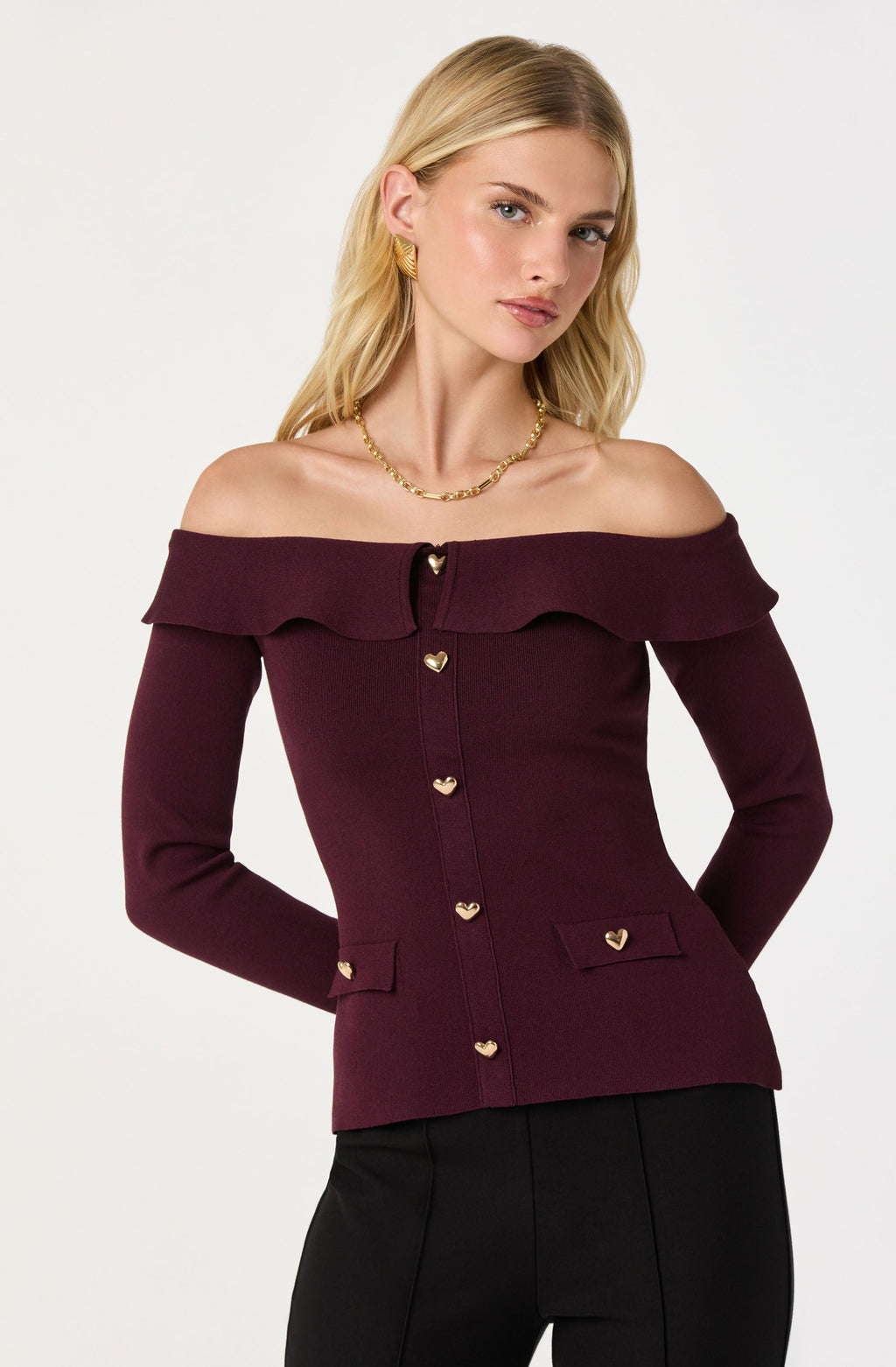 Off Shoulder Foldover Ruffle Sweater