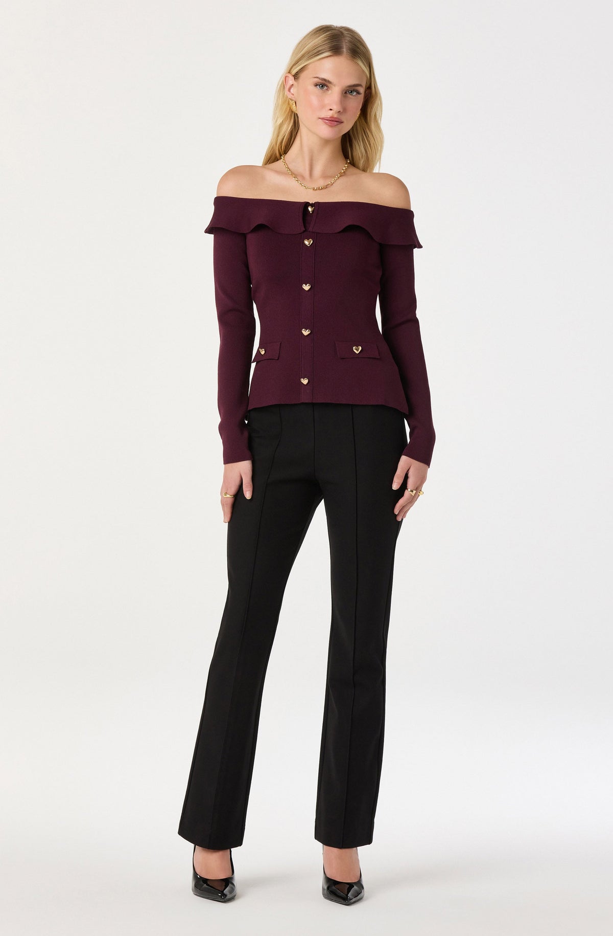Off Shoulder Foldover Ruffle Sweater