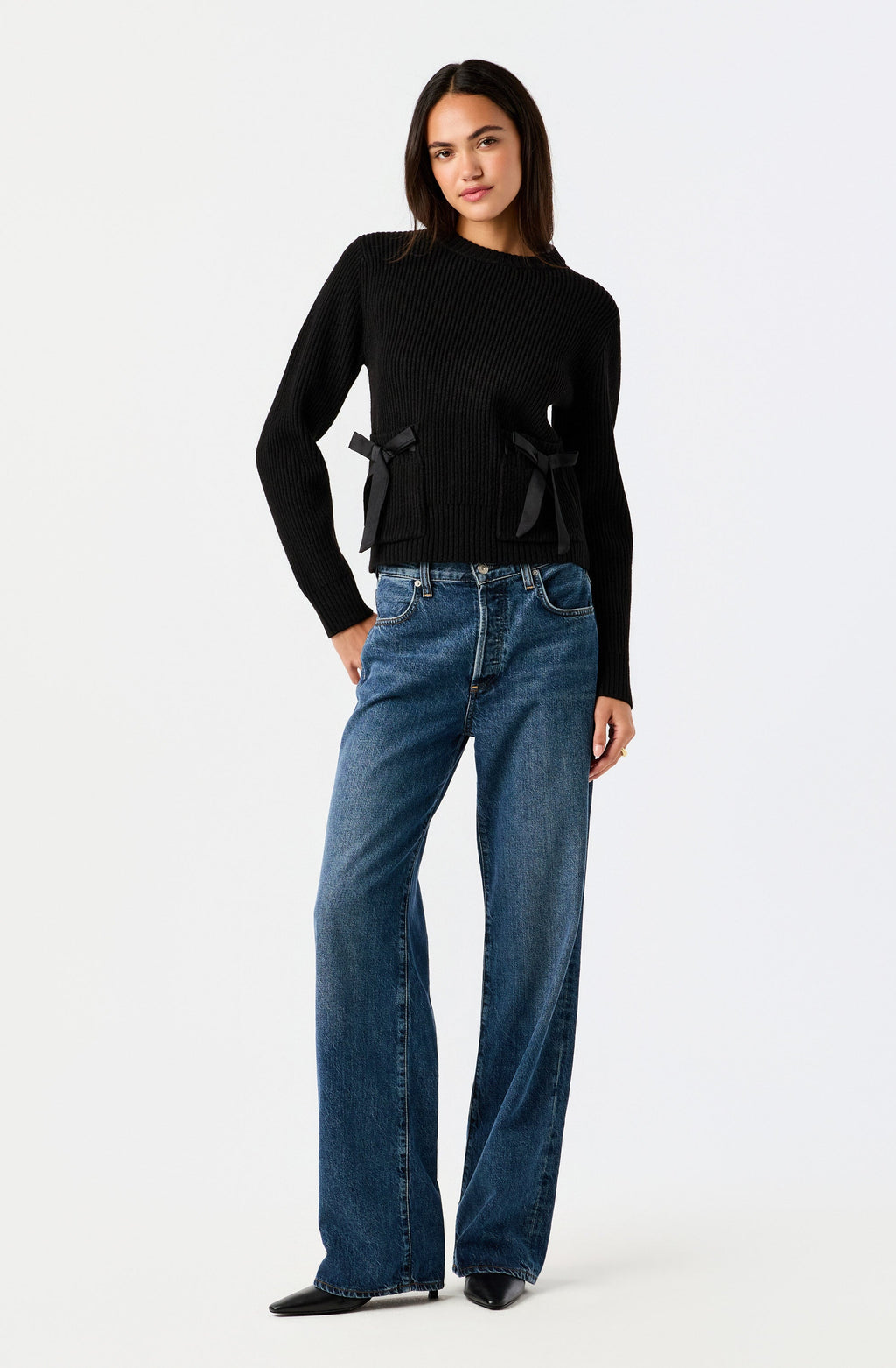 Cayleigh Rib Knit Satin Bow Pocket Sweater