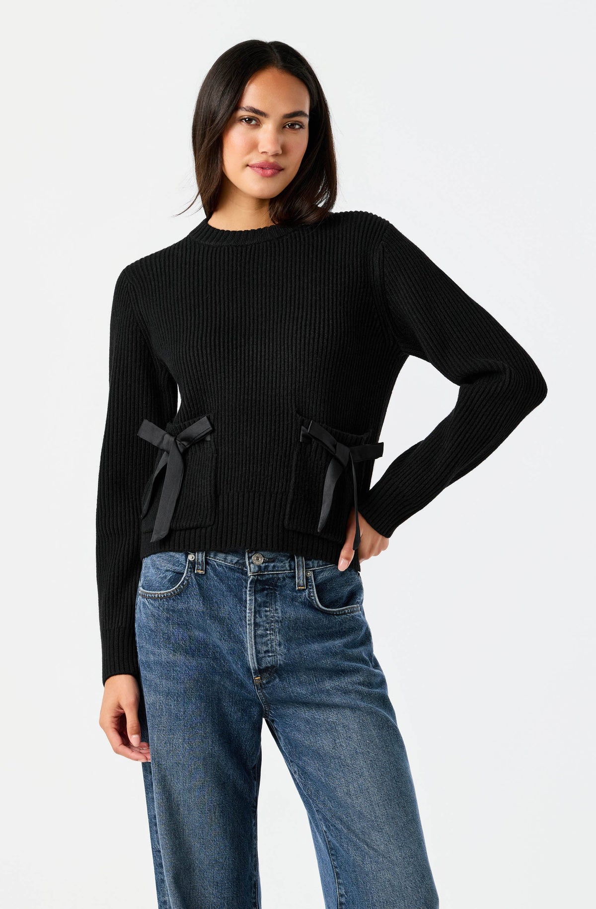 Cayleigh Rib Knit Satin Bow Pocket Sweater