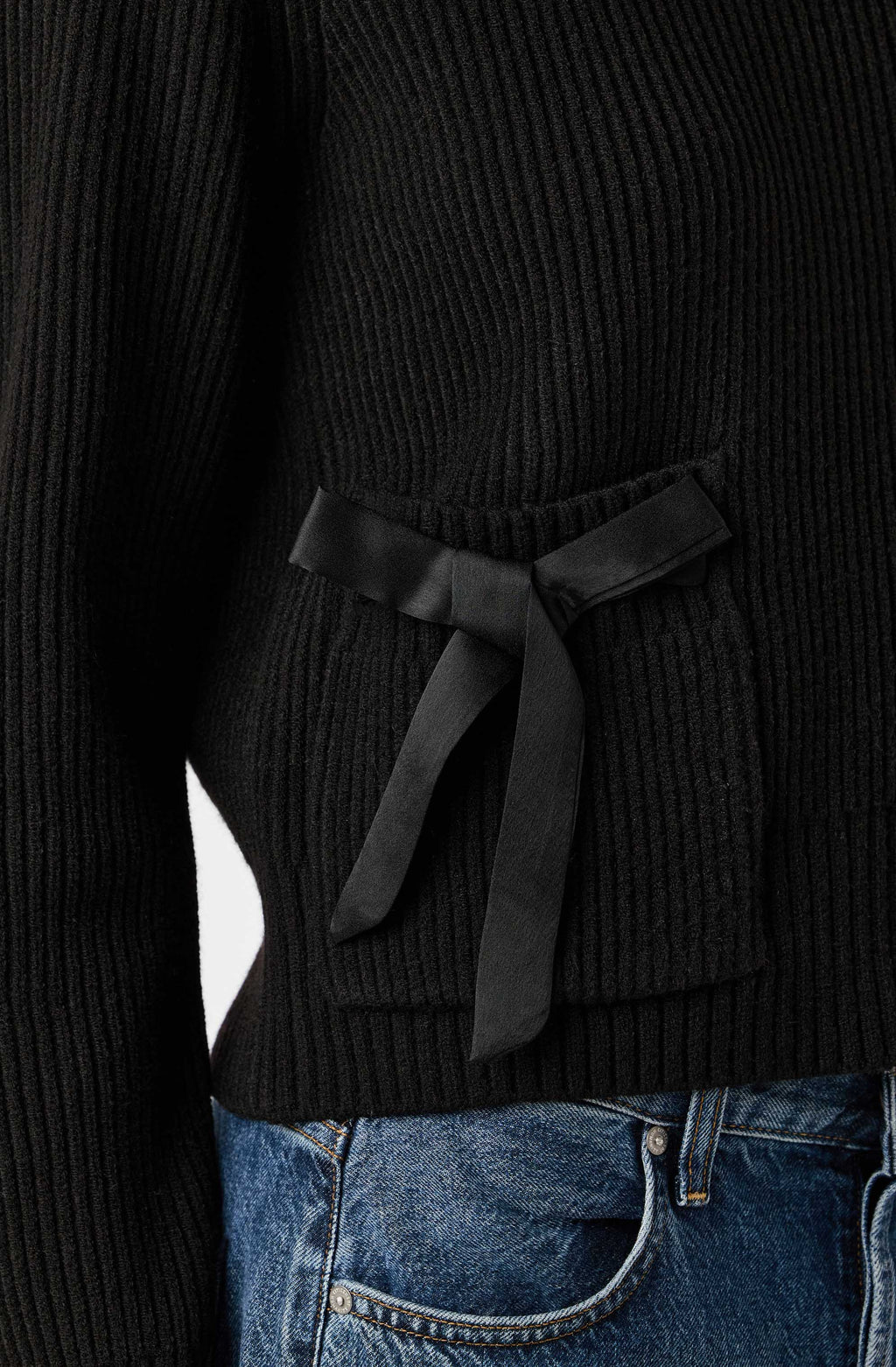 Cayleigh Rib Knit Satin Bow Pocket Sweater