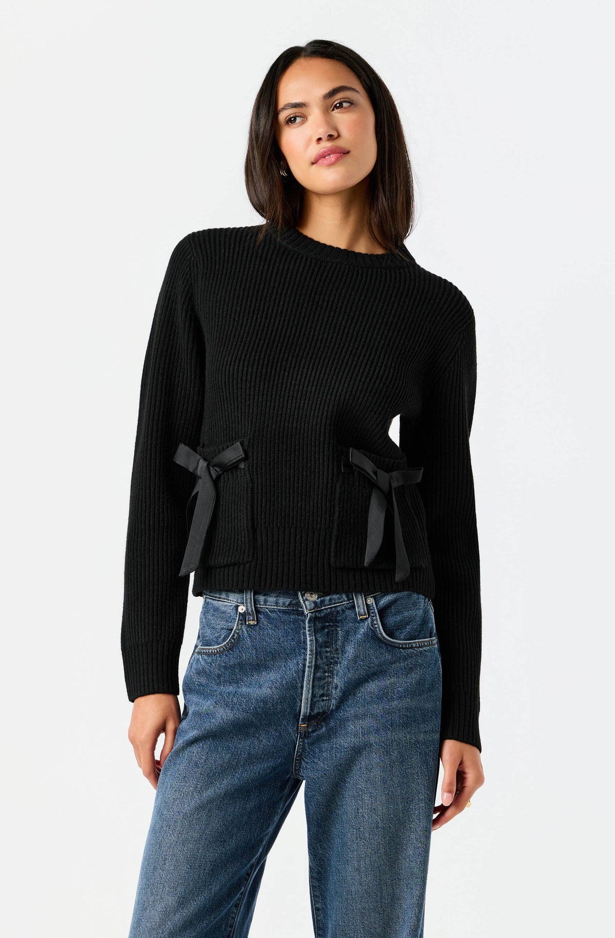 Cayleigh Rib Knit Satin Bow Pocket Sweater