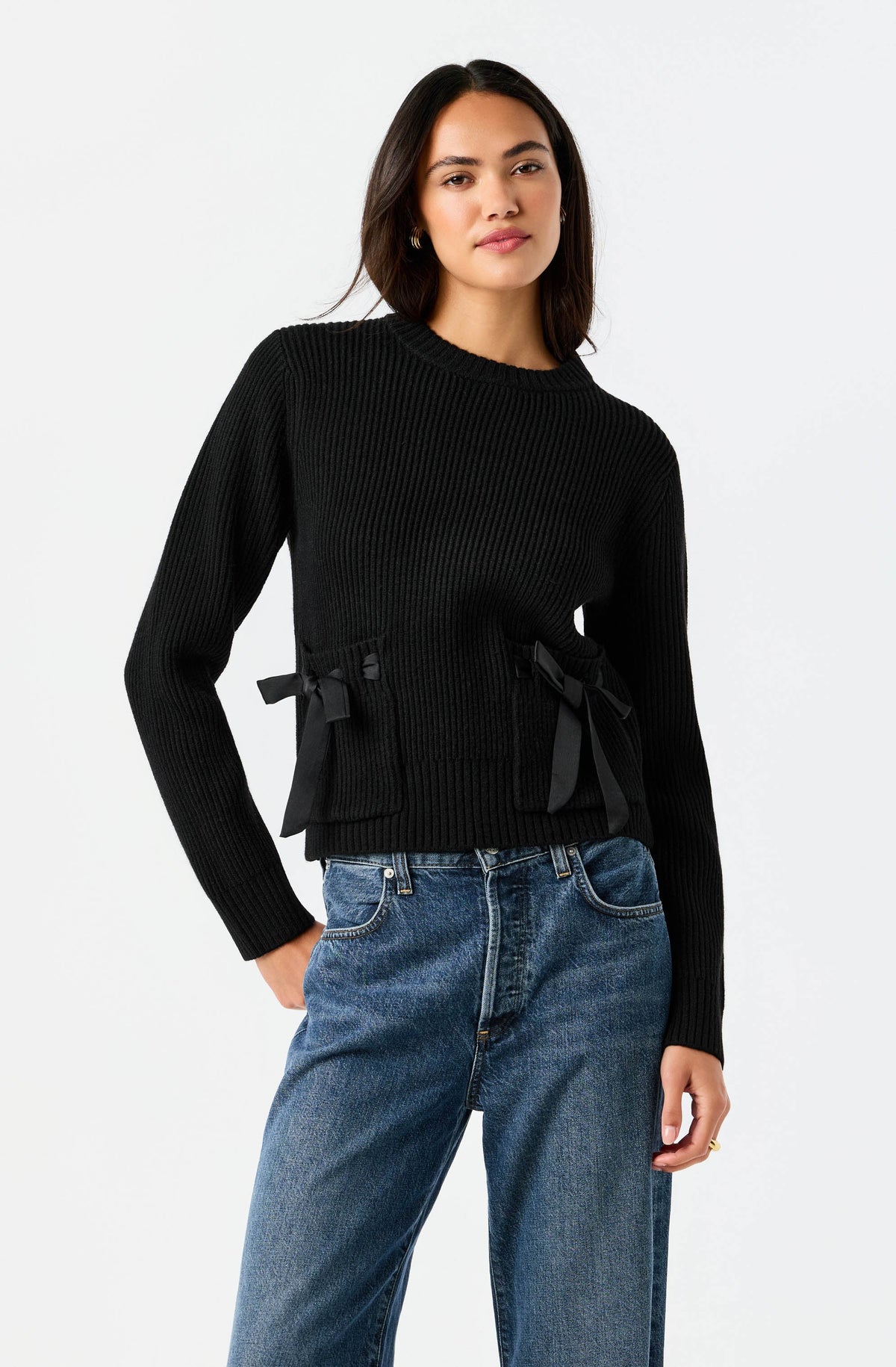 Cayleigh Rib Knit Satin Bow Pocket Sweater