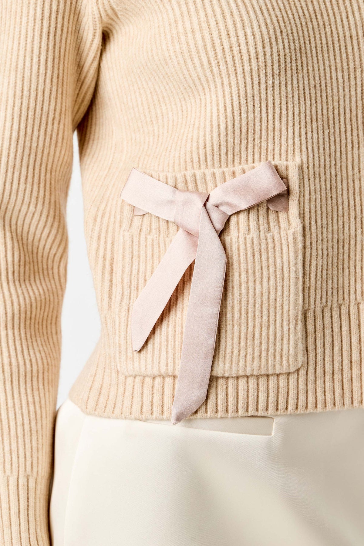 Cayleigh Rib Knit Satin Bow Pocket Sweater