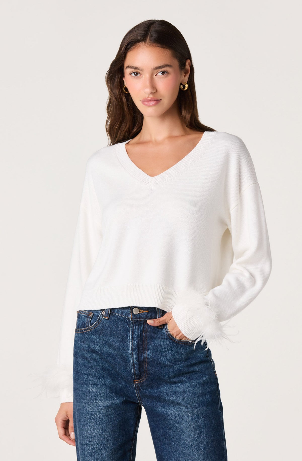 Perdita Feather-Cuff Cropped Sweater