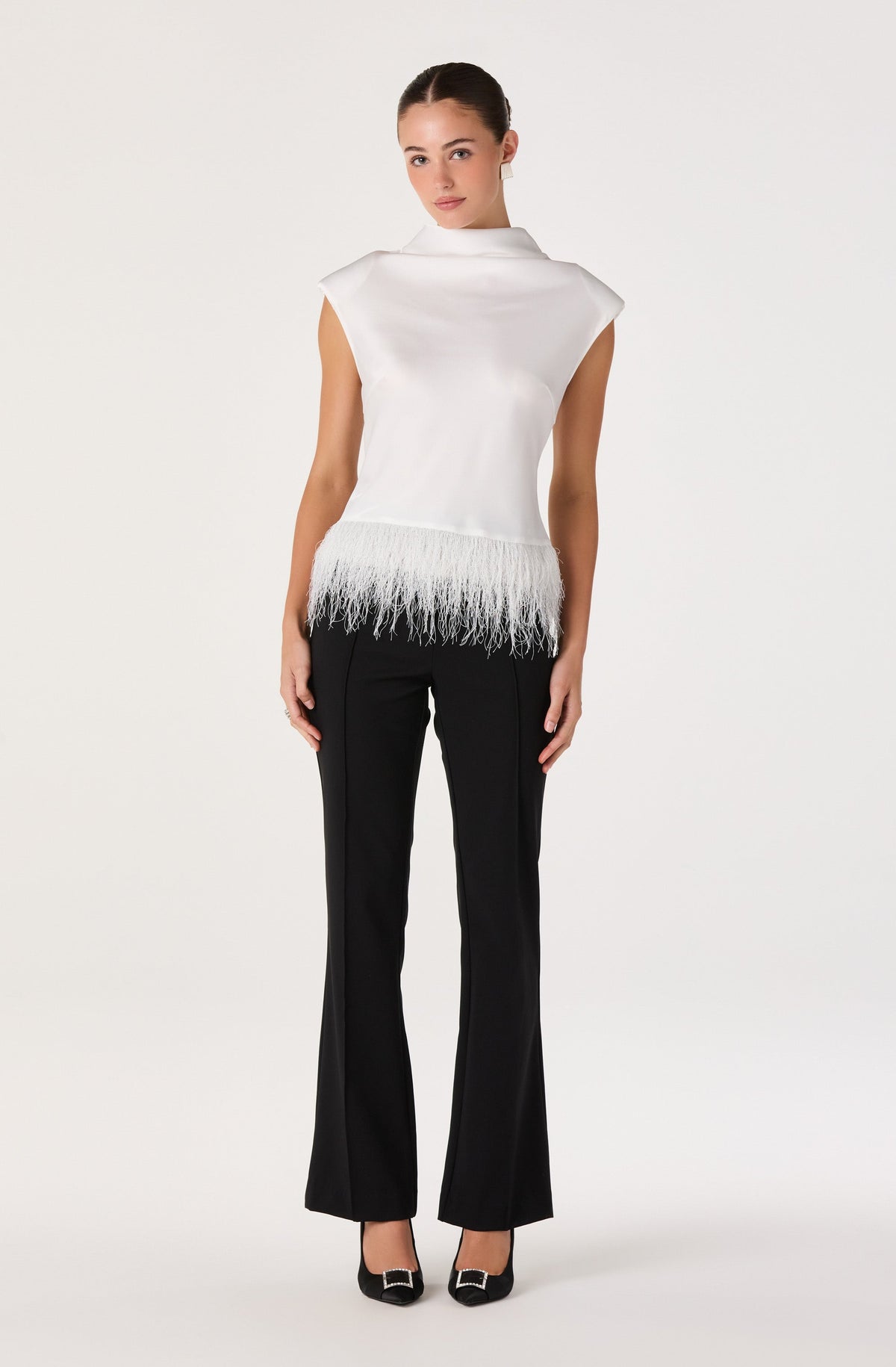 Falon Fringe Satin Mock Neck Top