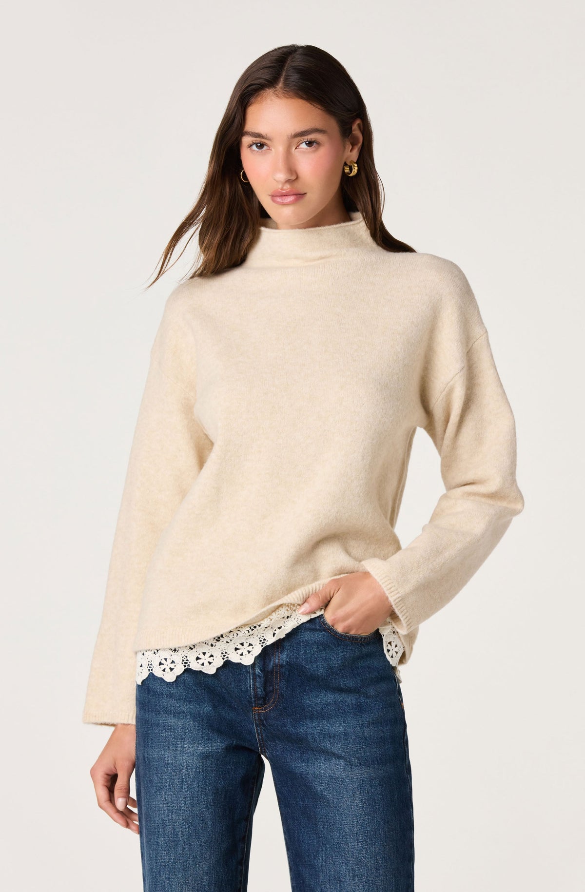 Marjolaine Crochet-Trim Mock Neck Sweater